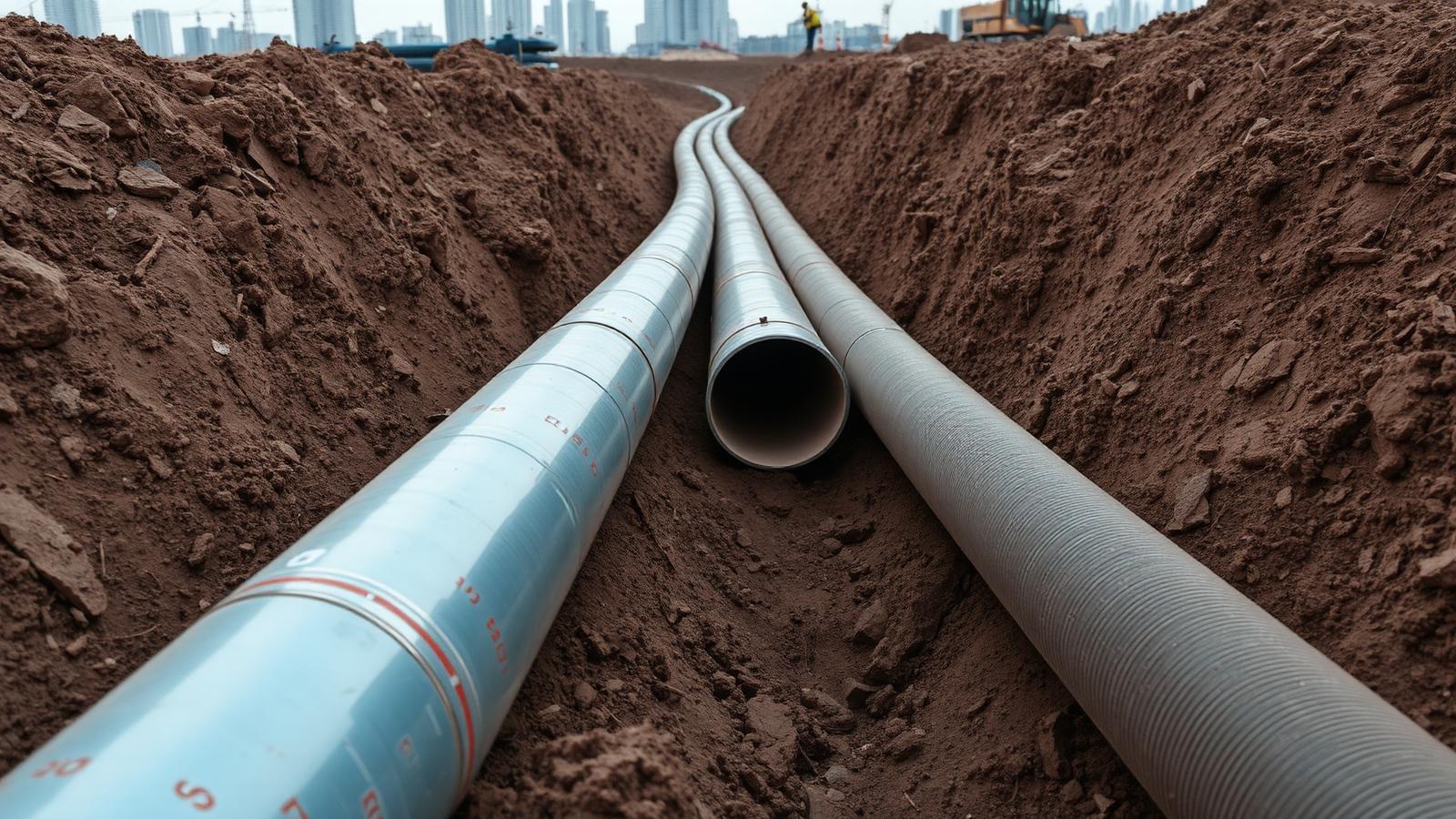 Welded steel pipeline sections in a trench